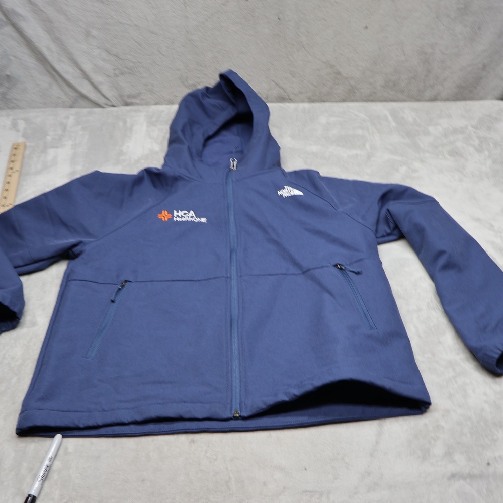 North Face Jacket Womens Medium Blue Barr Lake Hooded Softshell Wind Rain LOGO